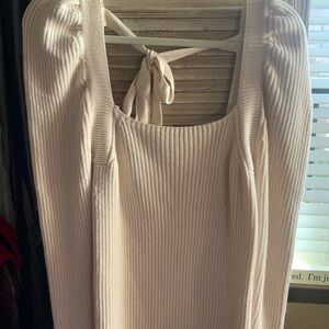 COPY - CBRAND cream Ribbed Square Neck, Tie Back, Puffed Sleeves, Knit Sweater